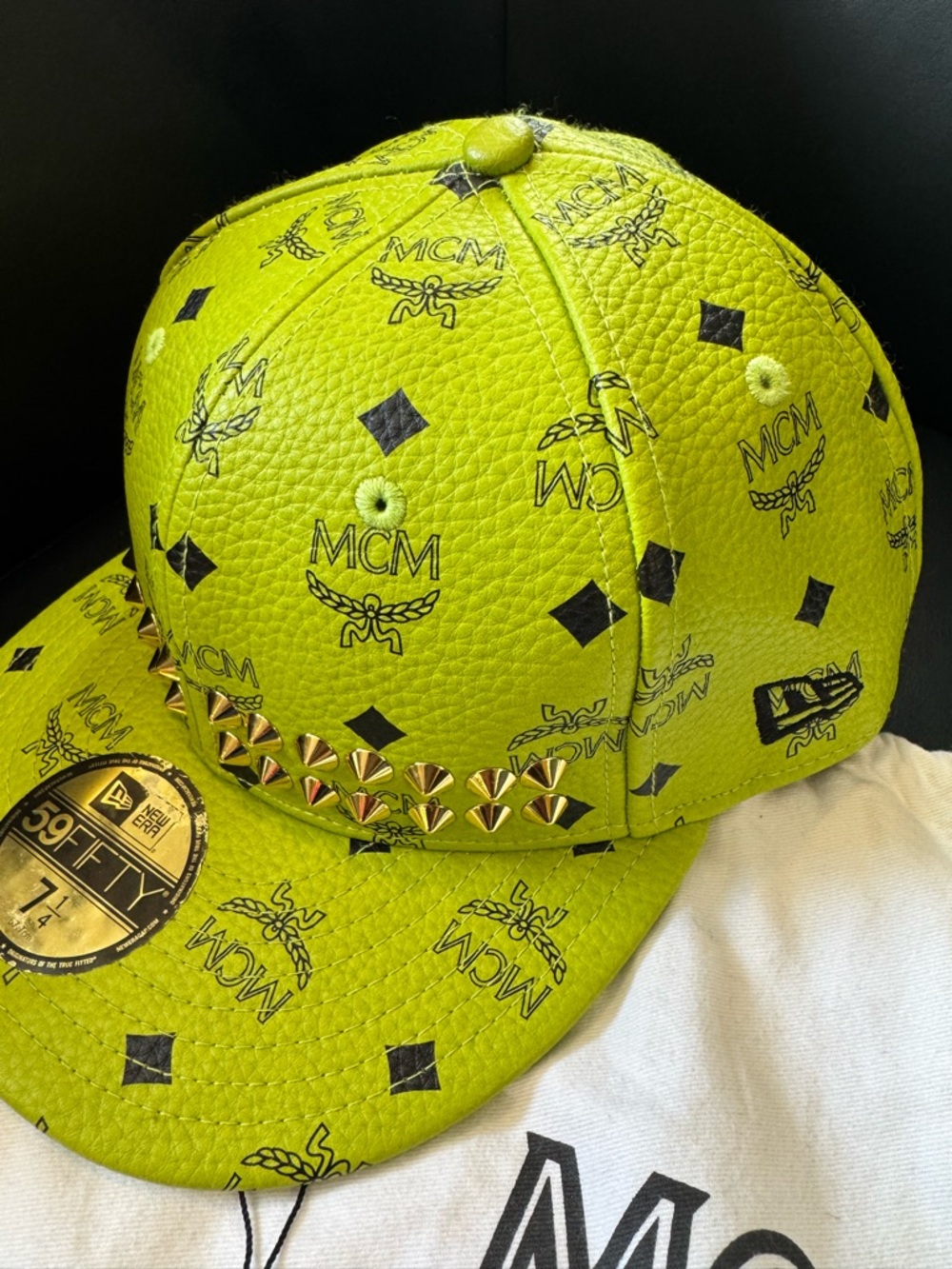 MCM Neon Yellow Logo Leather Studded Snapback Hat - Picture 3 of 6